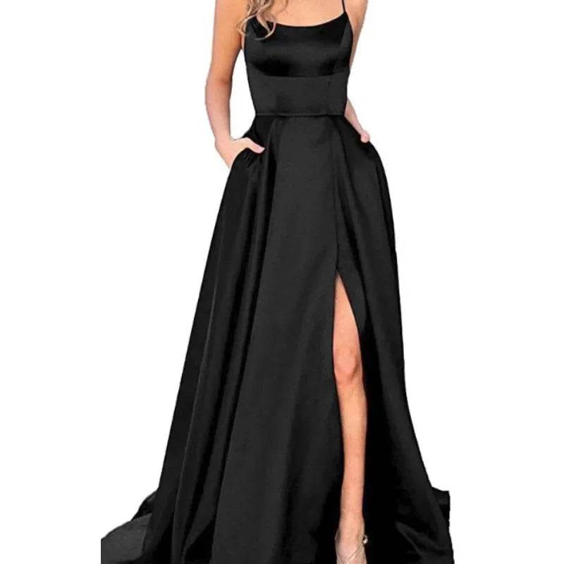Buy Center Long Backless Satin Dress - Sexy Side Slit Evening Gown - Buy Center UK