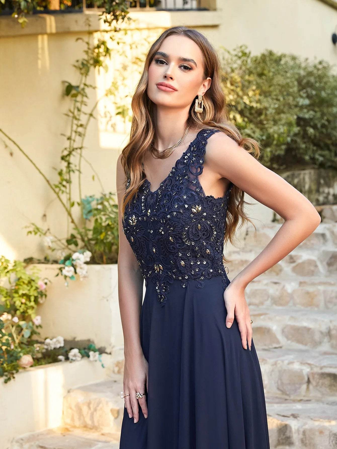 Elegant Navy Blue Chiffon Beaded Evening Dress - V-Neck Sleeveless Gown - Buy Center UK