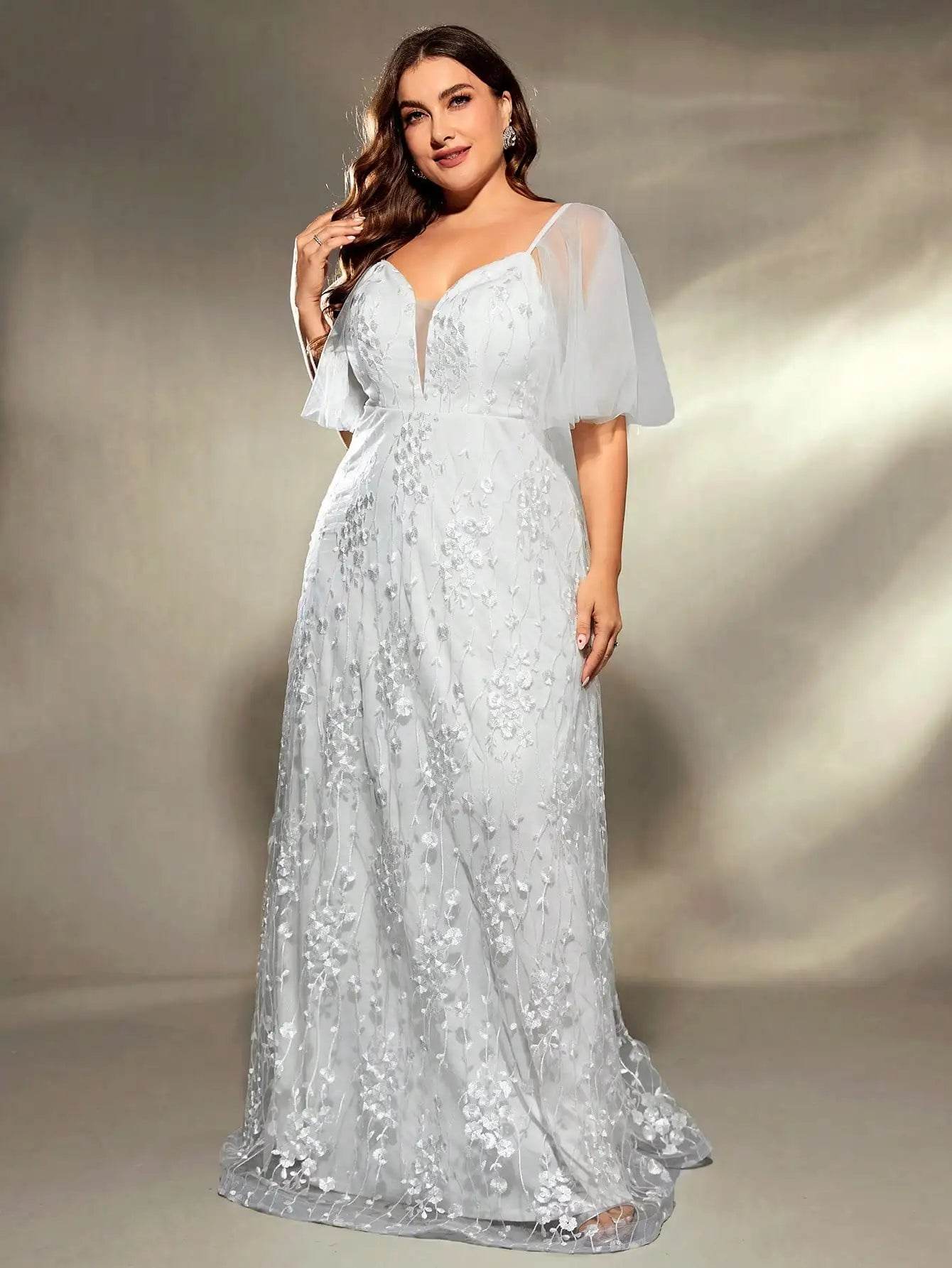 Mgiacy Plus Size V-Neck Wedding Gown - Embroidered Lace Detail - Buy Center UK