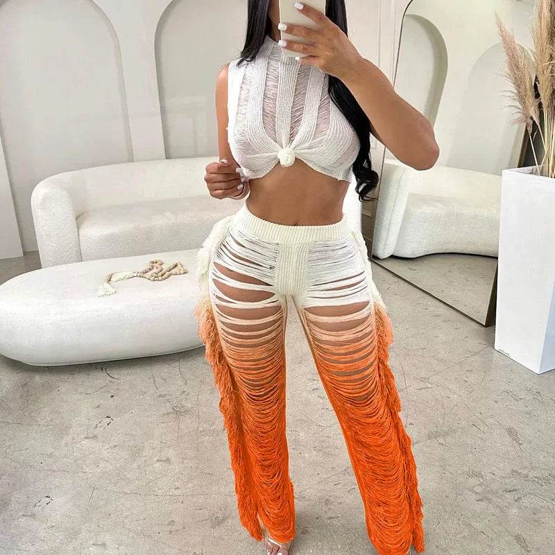 Gradient Color Crochet Two Piece Set - Summer Crop Top & Wide Leg Pants - Buy Center UK
