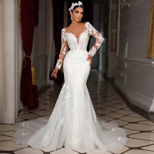 Romantic Long Sleeve Mermaid Wedding Dress - Appliques & Train - Buy Center UK