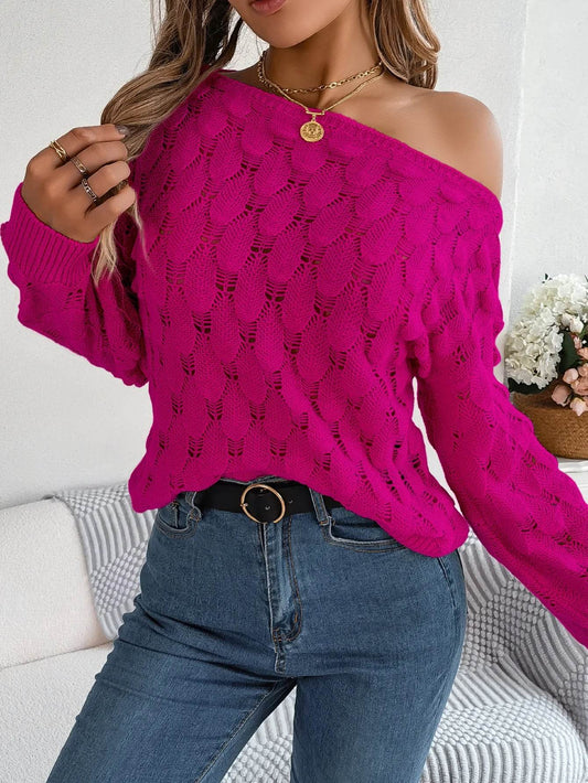 Buy Center Off Shoulder Hollow Out Sweater - Trendy Autumn Pink Top - Buy Center UK