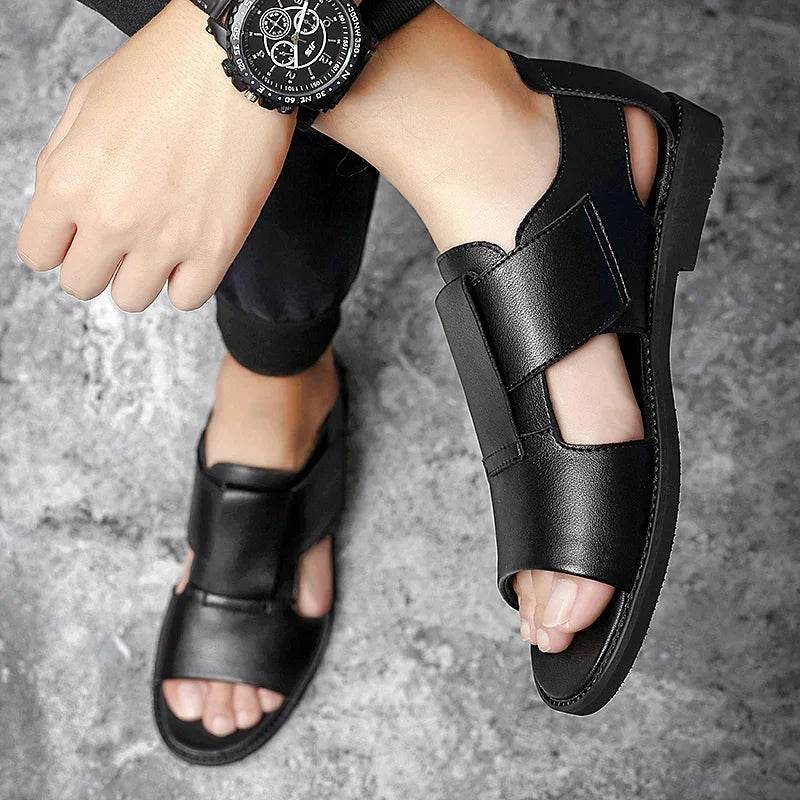 MCDV Men's Genuine Leather Roman Sandals - Casual Slip-On Beach Slippers - Buy Center UK