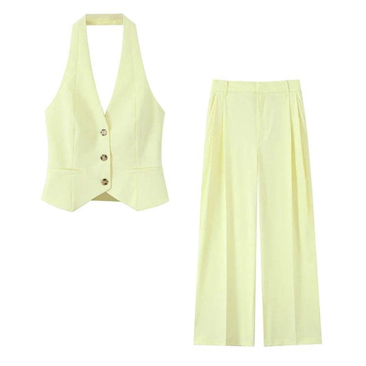 Willshela Women 2 Piece Set - Yellow Tank Top & Vintage Trousers - Buy Center UK