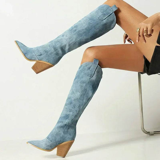 Buy Center Denim Western Knee High Boots - Stylish High Heel Design - Buy Center UK