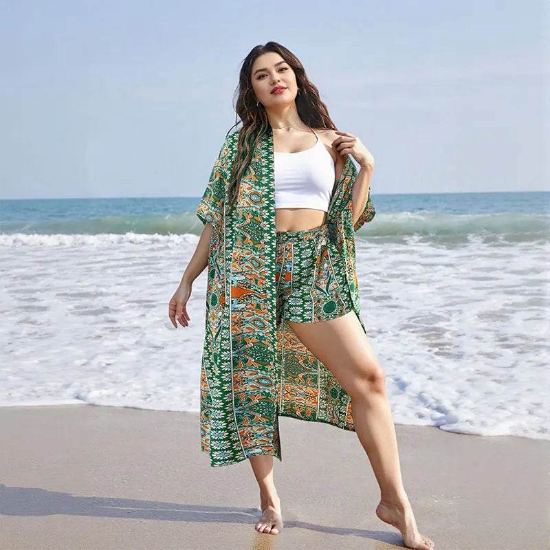 Plus Size Women's Bohemian Printed Two-piece Set - Kimono & Shorts - Buy Center UK