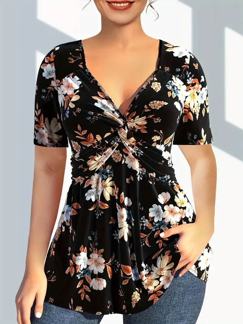 Buy Center Plus Size Floral Print Twist Front T-shirt - Elegant V Neck - Buy Center UK