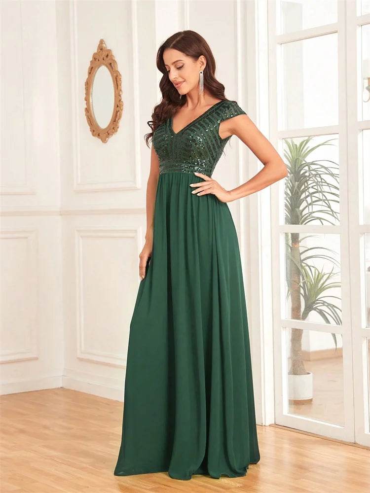 Elegant Chiffon Evening Dress - V-Neck Sequins Gown for Women - Buy Center UK