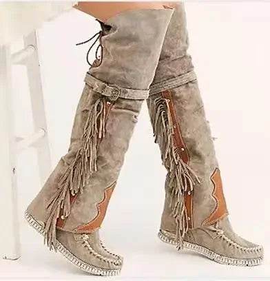 Buy Center Bohemian Knee-Length Boots - Faux Suede with Fringes - Buy Center UK