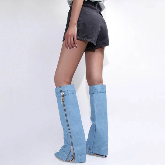 Buy Center Blue Denim Knee High Cowboy Boots - Pointed Toe & High Heel - Buy Center UK