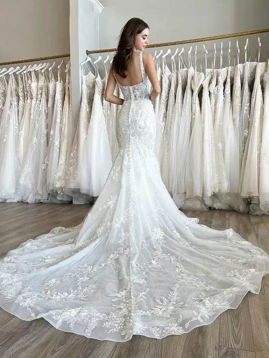 Customized Lace Mermaid Wedding Dress 2025 - Elegant Square Collar Gown - Buy Center UK