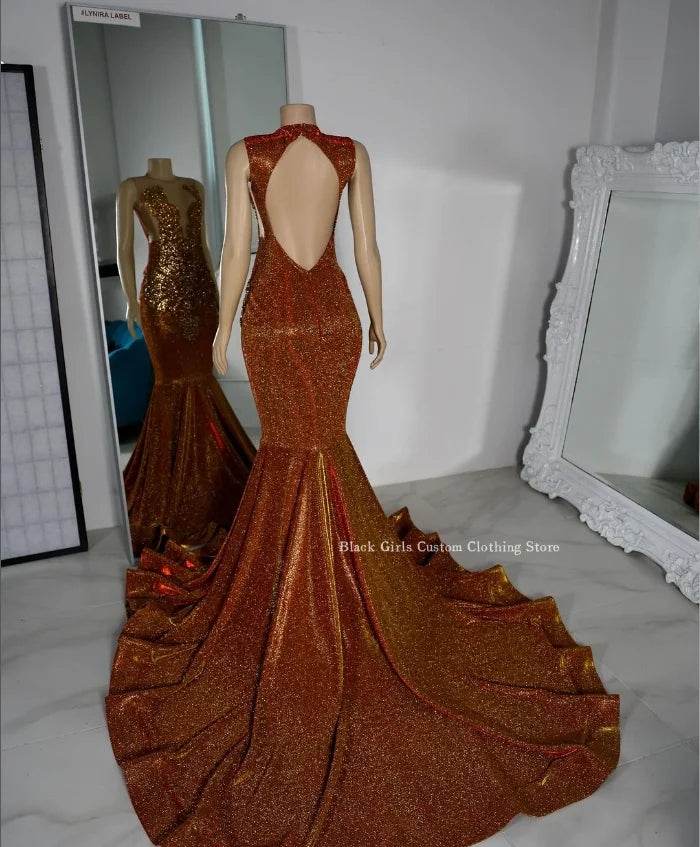 Sparkling Deep Orange Prom Dress - Custom Diamante Applique Gown - Buy Center UK