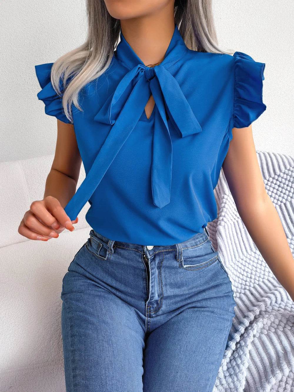 Buy Center Women’s Summer Chiffon Blouse - Bow Ruffle Short Sleeve - Buy Center UK