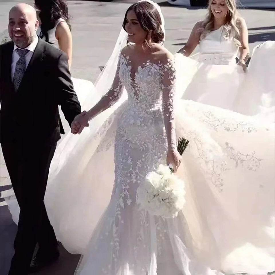 Luxury V-neck Mermaid Wedding Dress - Long Sleeves & Detachable Train - Buy Center UK