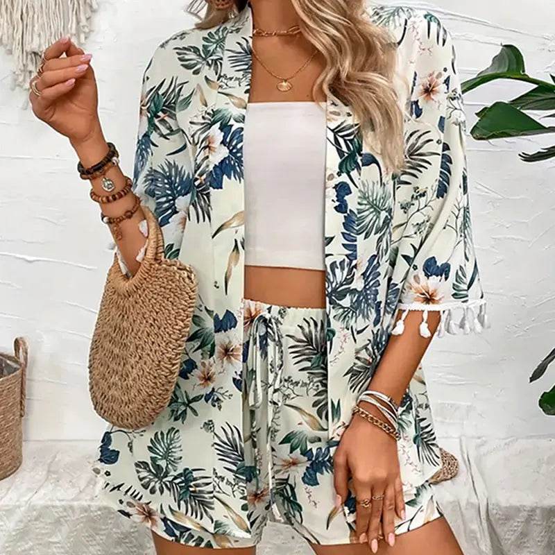 Buy Center Two Piece Women’s Set - Floral Cardigan & Beach Shorts - Buy Center UK