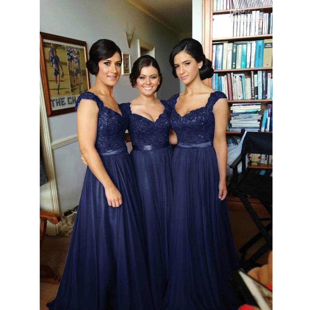 Buy Center Long Chiffon A-Line Bridesmaid Dress - Sleeveless & Floral Lace - Buy Center UK