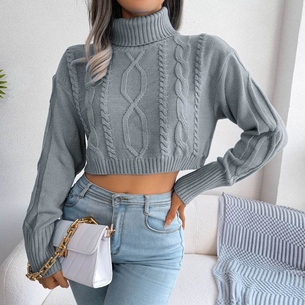 Women’s Turtleneck Crop Sweater - Long Sleeve Casual Knitted Top - Buy Center UK