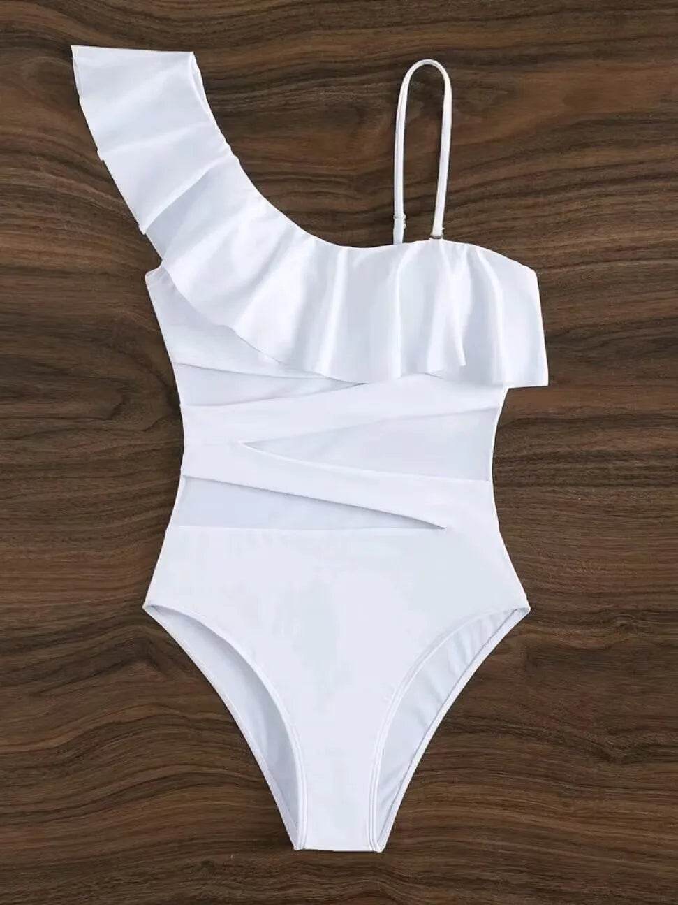 Ruffle Contrast Mesh One-Piece Swimsuit - Trendy Women’s Swimwear - Buy Center UK