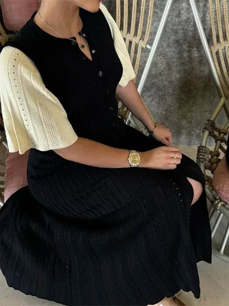 Elegant Women's Knit Dress - Slim O-Neck, Short Sleeve A-Line - Buy Center UK