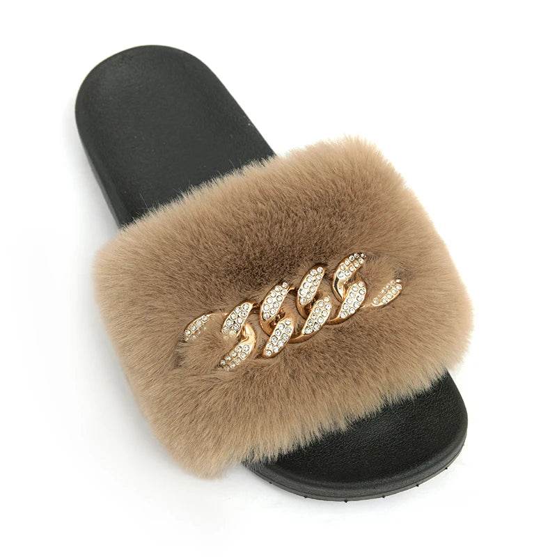 Buy Center Women's Furry Slippers - Plush Faux Rabbit Fur Slides - Buy Center UK