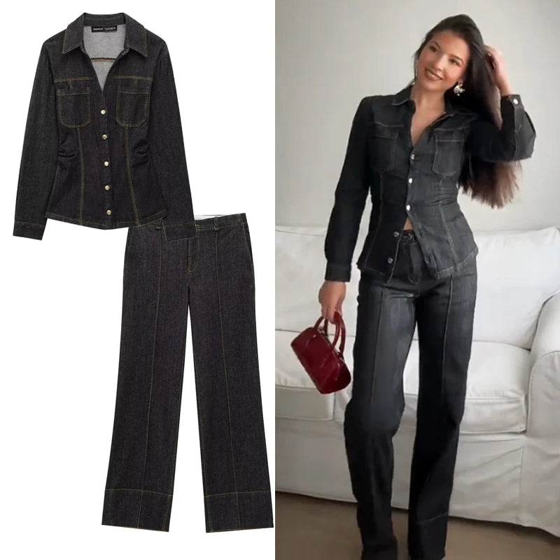 TRAF Women's Denim Pants Set 2025 - Casual Elegance with Wide Legs - Buy Center UK