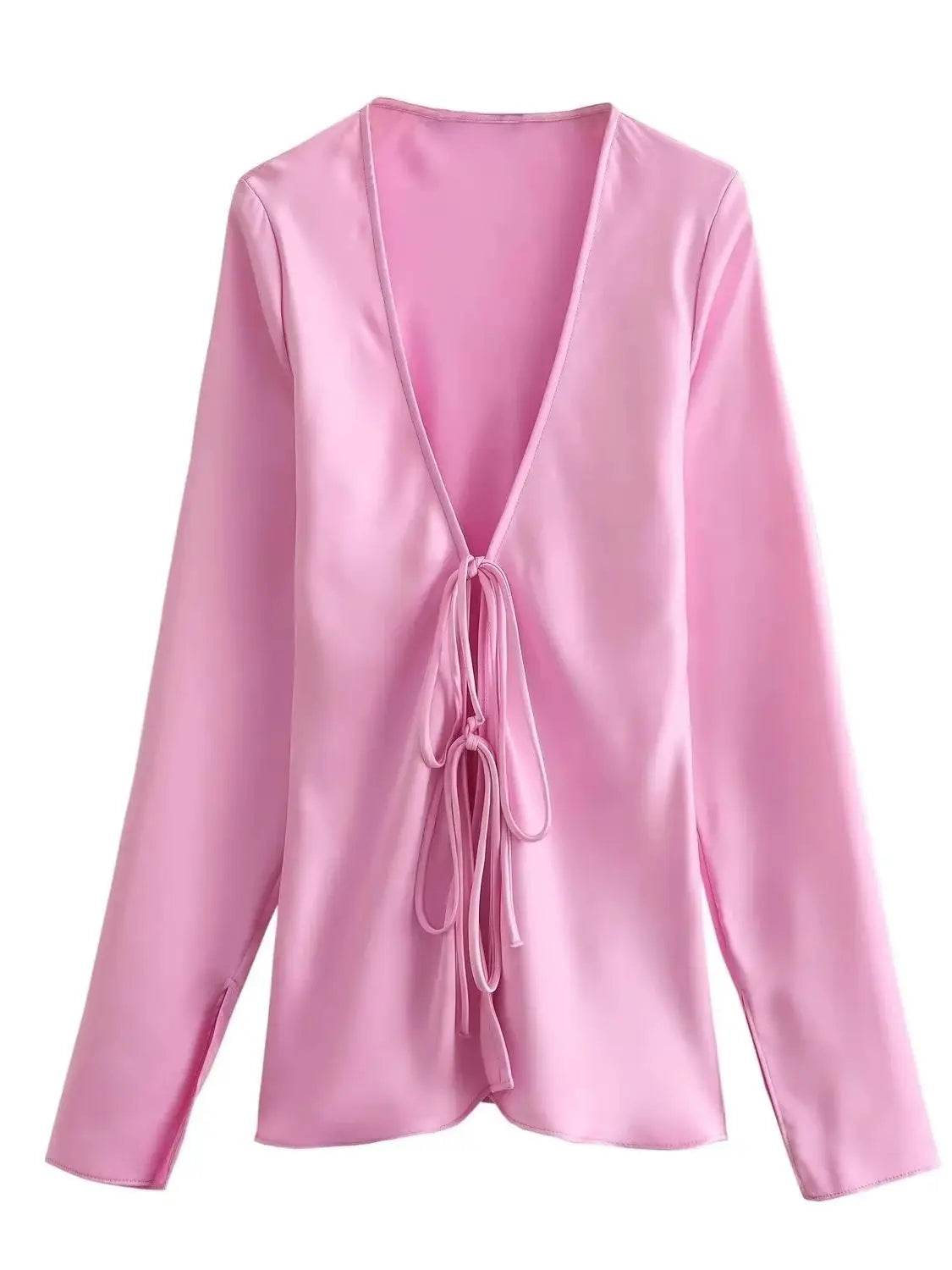 XNWMNZ Satin Silk Texture Shirt - Trendy Bow Tie, Long Sleeve Blouse - Buy Center UK