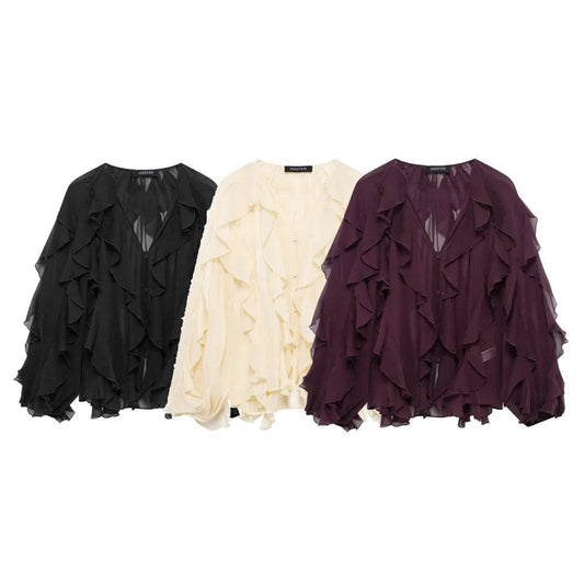 Ruffles Elegant Long Sleeve Blouse for Women - Lightweight Spring Style - Buy Center UK