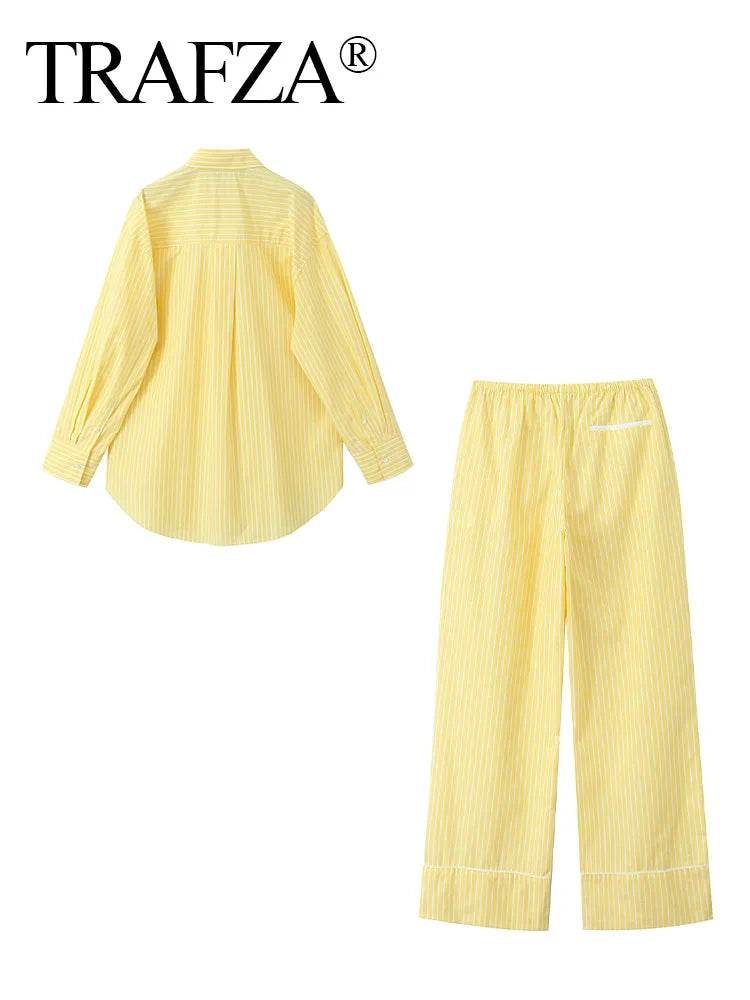 TRAFZA 2024 Women’s Yellow Striped Pants Set - High Waist Style - Buy Center UK