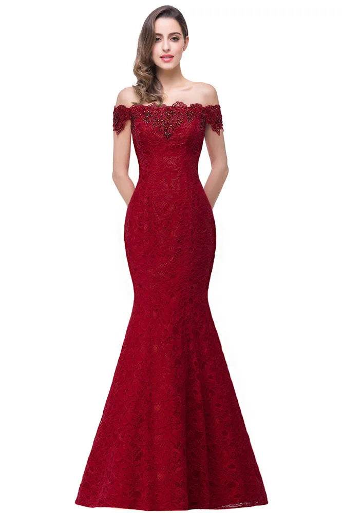 Charming Red Mermaid Bridesmaid Dress - Off-Shoulder Beading Lace - Buy Center UK