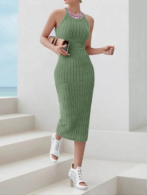 Buy Center Ribbed Midi Dress - Solid Halter Neck Bodycon Style - Buy Center UK