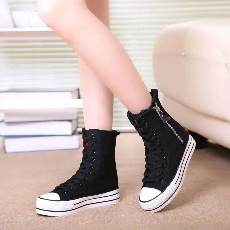 Women's High Top Canvas Sneakers - White Platform Lace Up Shoes - Buy Center UK
