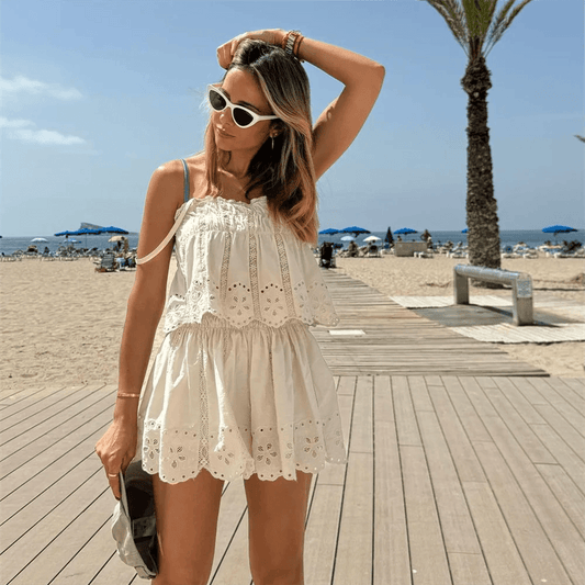 PB&ZA Women's Spring Outfit - Embroidered Top & High Waist Shorts - Buy Center UK