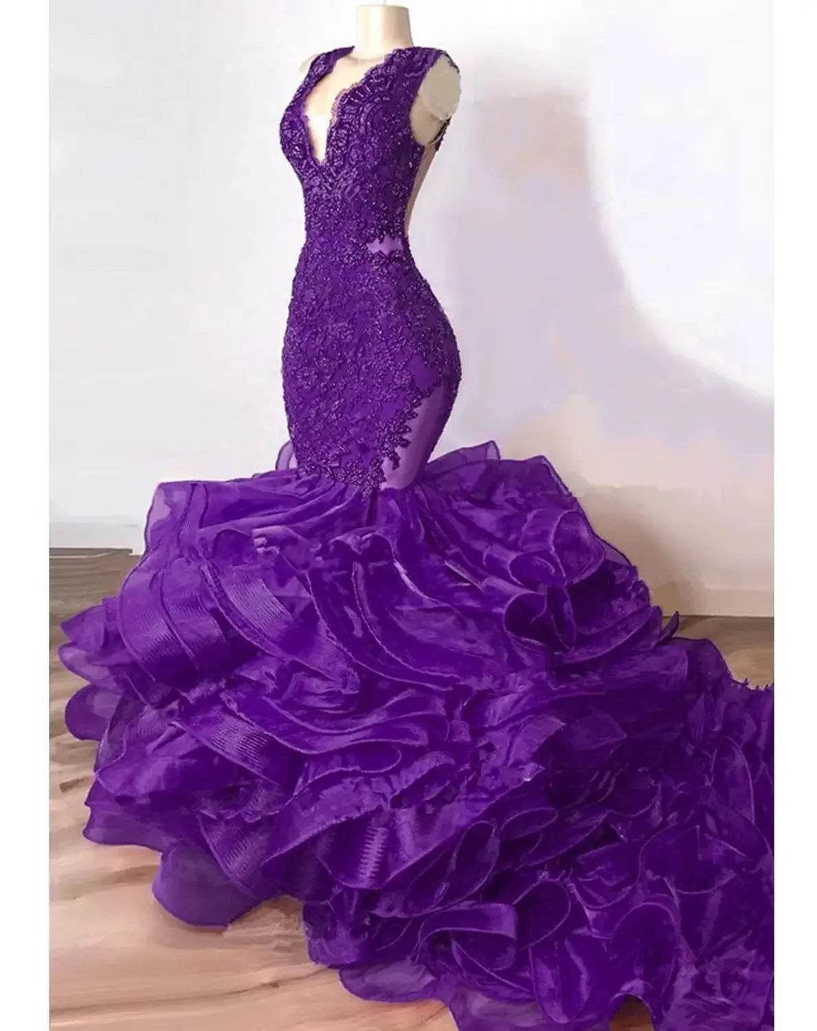 Royal Blue Lace Beaded Mermaid Dress - Elegant Puffy Ruffles - Buy Center UK