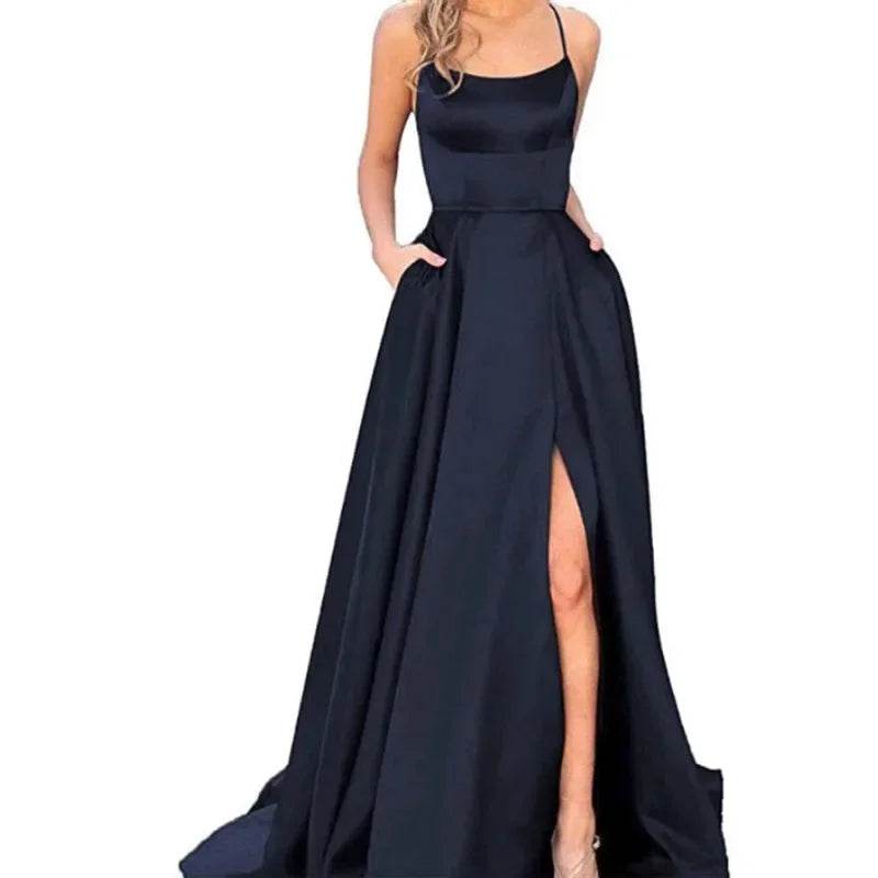Buy Center Long Backless Satin Dress - Sexy Side Slit Evening Gown - Buy Center UK