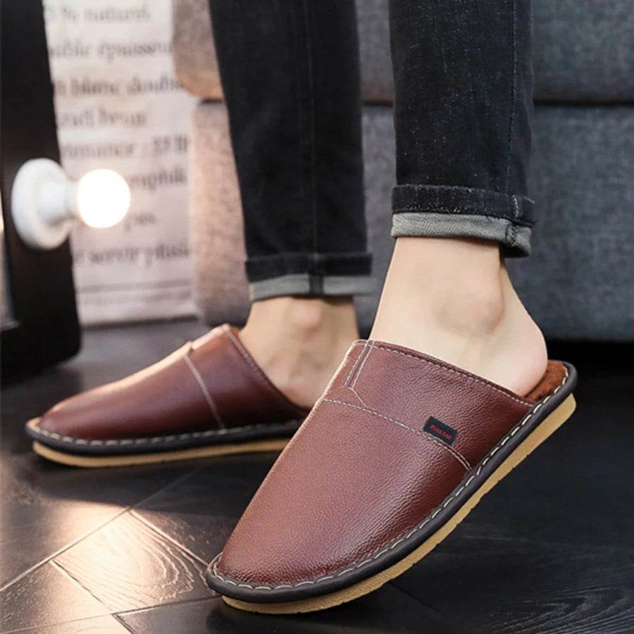 Buy Center Men's Winter Leather Slippers - Anti-Slip, Comfortable Design - Buy Center UK