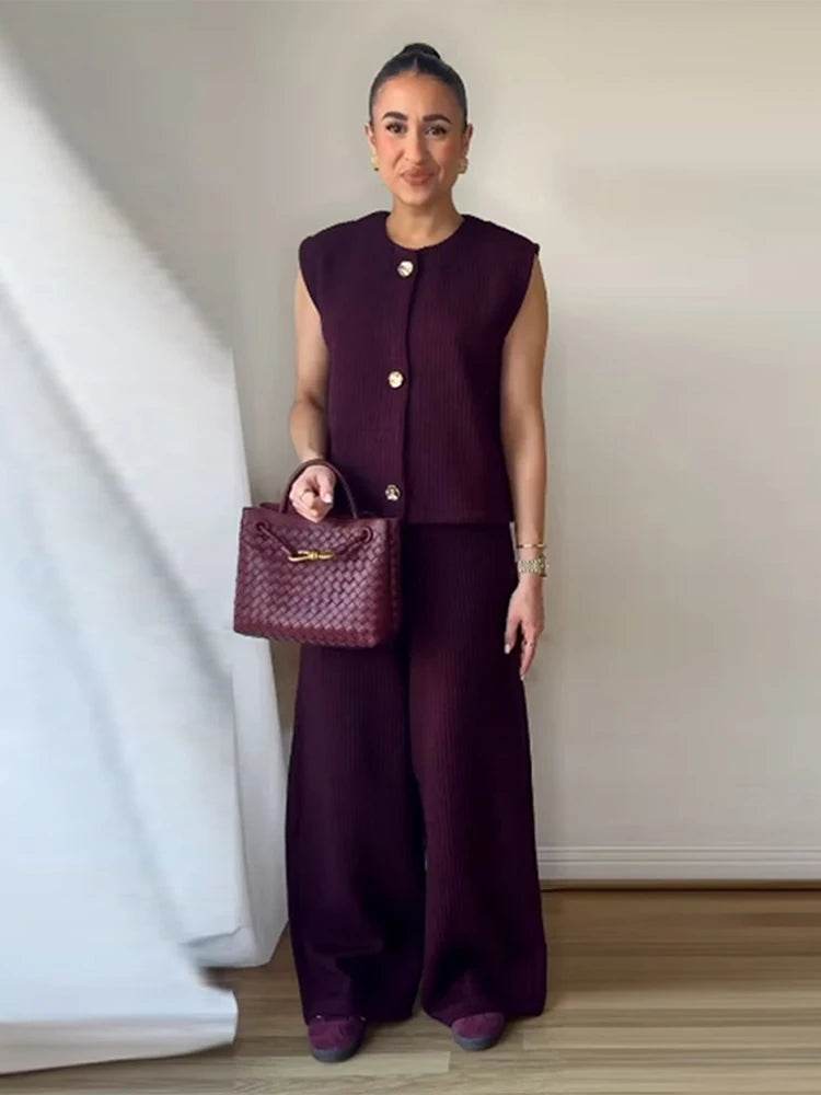 Elegant Burgundy Knitted Tank Top & Wide Leg Pants Set for Women - Buy Center UK