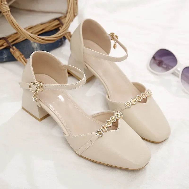 Elegant Women's White Buckle Strap Square Heel Pumps for Office - Buy Center UK