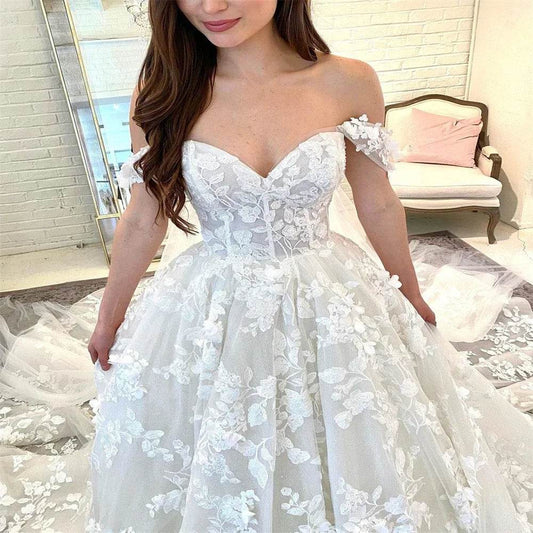 Buy Center Off-The-Shoulder Lace Appliques White Wedding Dress - Buy Center UK
