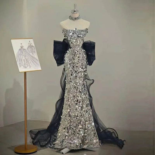 Plus Size Women's Mermaid Evening Dress - Sequins & Bow Detail - Buy Center UK