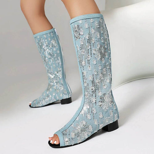 Women's Peep Toe Knee High Boots - Plus Size 45, Chunky Heels - Buy Center UK