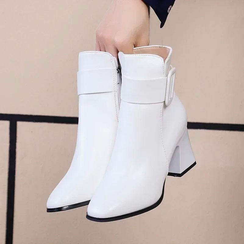 Elegant Women's High Heel Ankle Boots - Square Toe & Buckle Detail - Buy Center UK