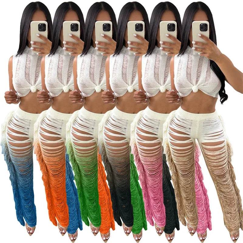 Gradient Color Crochet Two Piece Set - Summer Crop Top & Wide Leg Pants - Buy Center UK