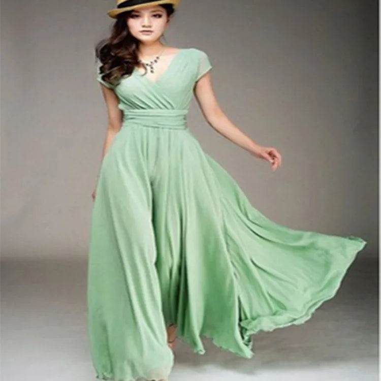 Elegant Women's Short-Sleeved Chiffon Dress - Floor-Length Bohemian Style - Buy Center UK