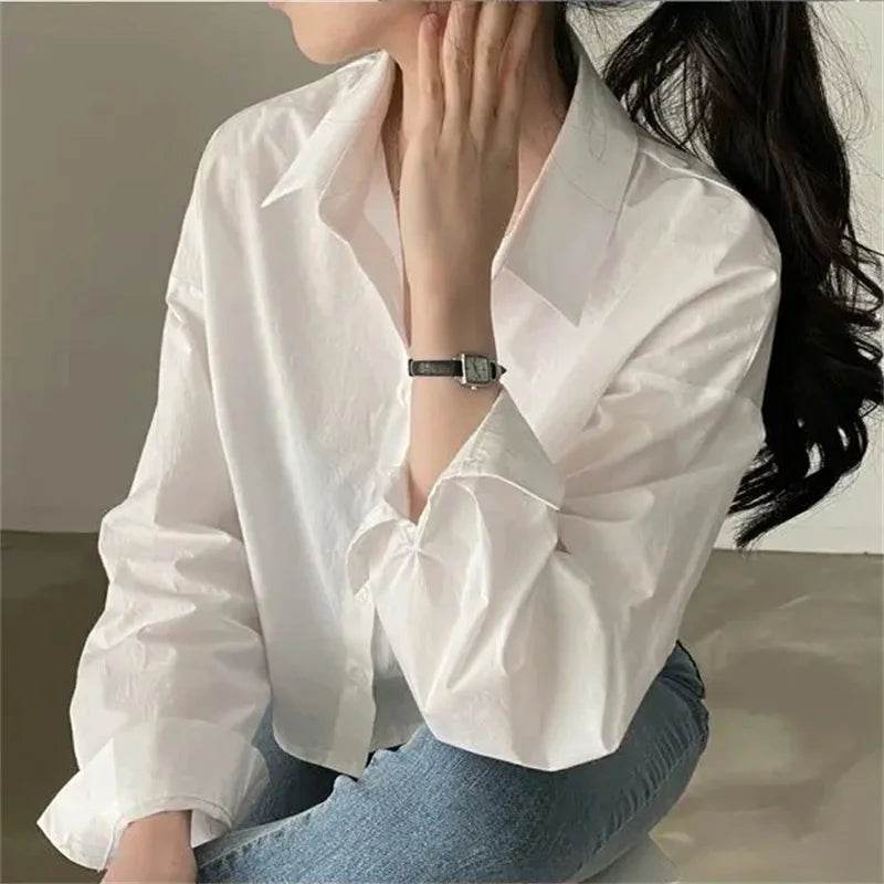 Buy Center Women's Casual White Crop Blouse - Long Sleeve, Trendy Style - Buy Center UK