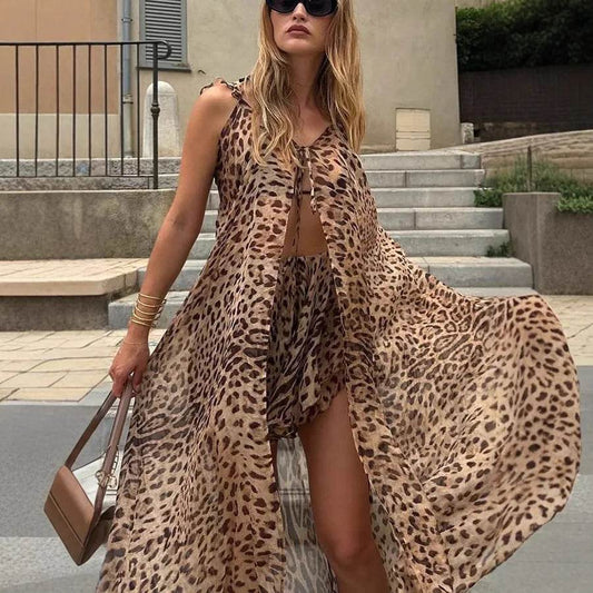 Buy Center Women's Beach Dress Set - Chiffon Halter & Leopard Shorts - Buy Center UK