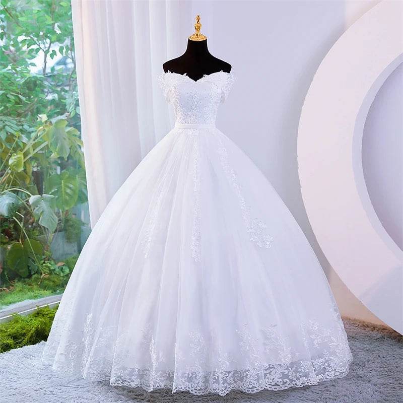 Elegant Plus Size White Wedding Dress - Off The Shoulder, Appliques - Buy Center UK