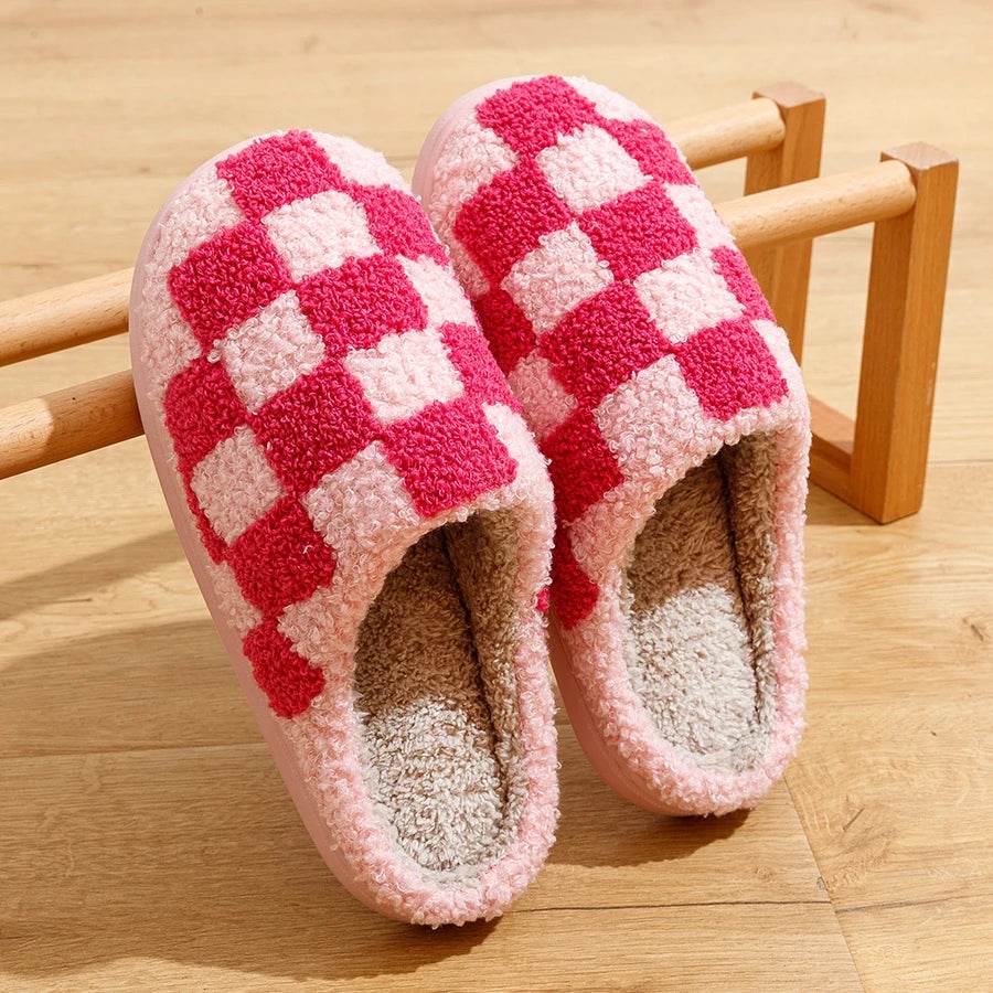Buy Center Women's Fluffy Checker Slippers - Cozy Indoor House Shoes - Buy Center UK