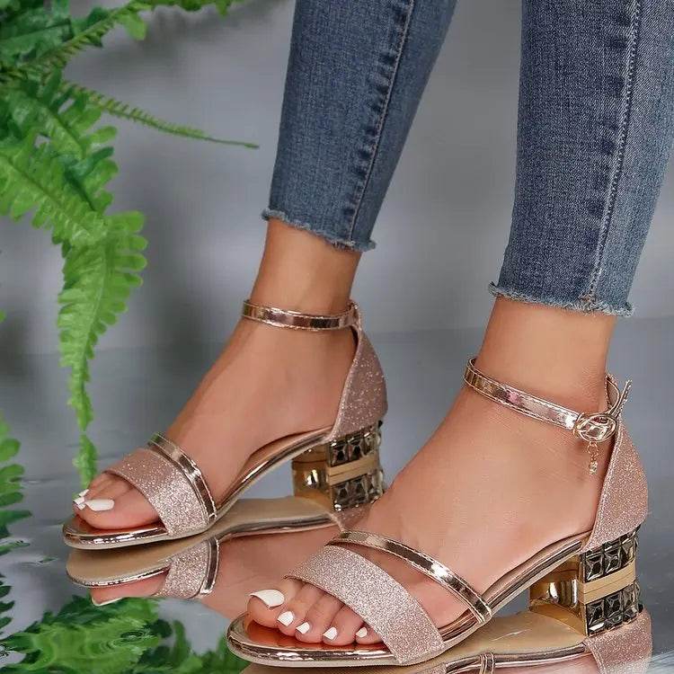 VKJF Gold Silver Block Heel Roman Sandals - Elegant & Chic Design - Buy Center UK