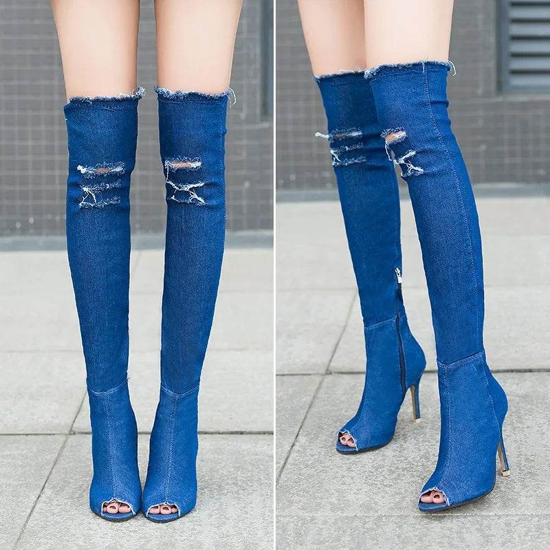 Buy Center Women’s High Heel Boots - Hollow Out Over Knee Denim - Buy Center UK