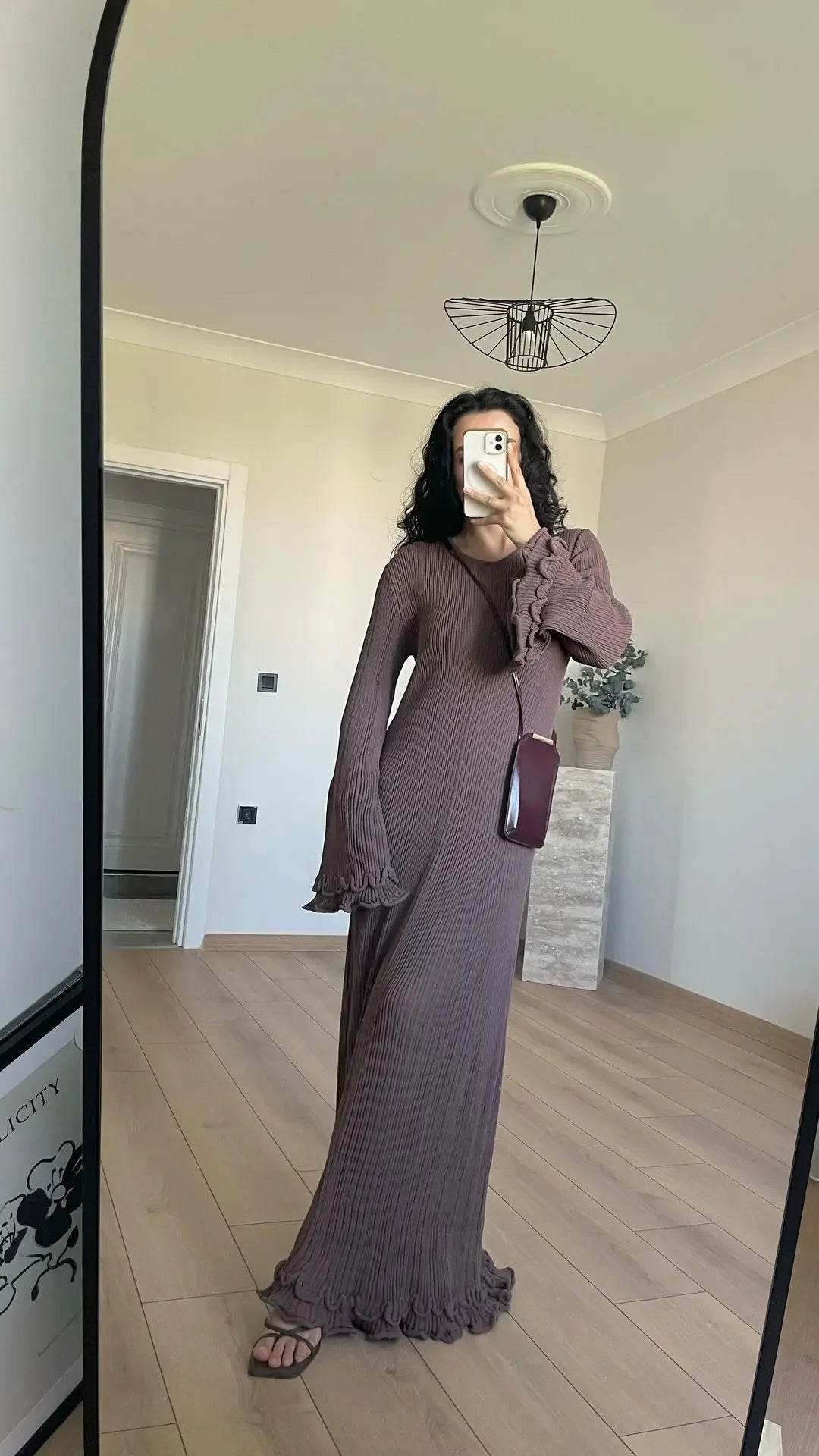 Buy Center Solid Knitted Long Dress - Slim Fit O-neck, Pleated Style - Buy Center UK